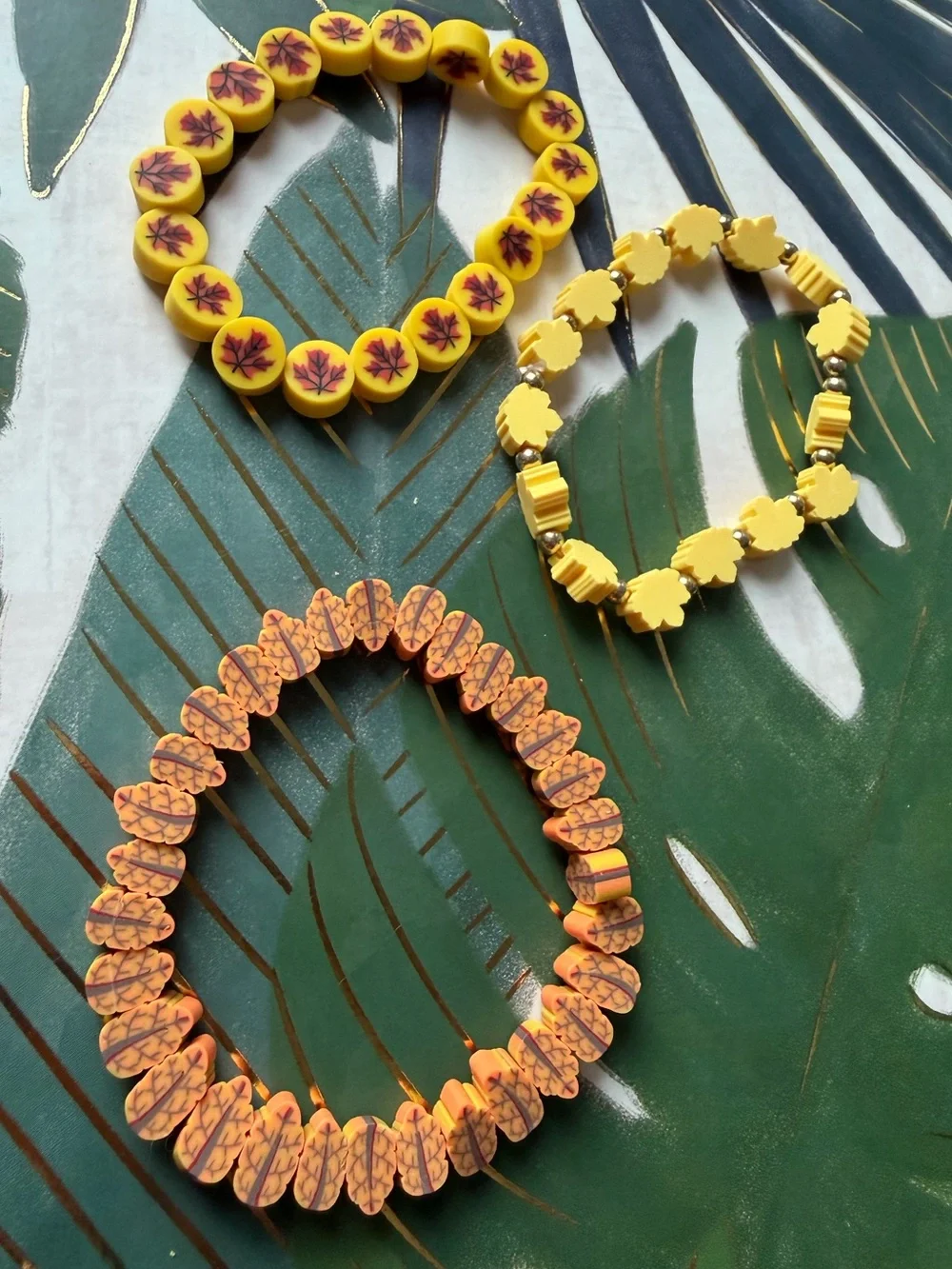 Fall Maple Leaf Stretch Bracelet Set of 3 Autumn Yellow Orange